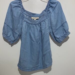 Loft Women's Blue Square Neck Puffed Sleeve Pleated Denim Blouse Size Medium